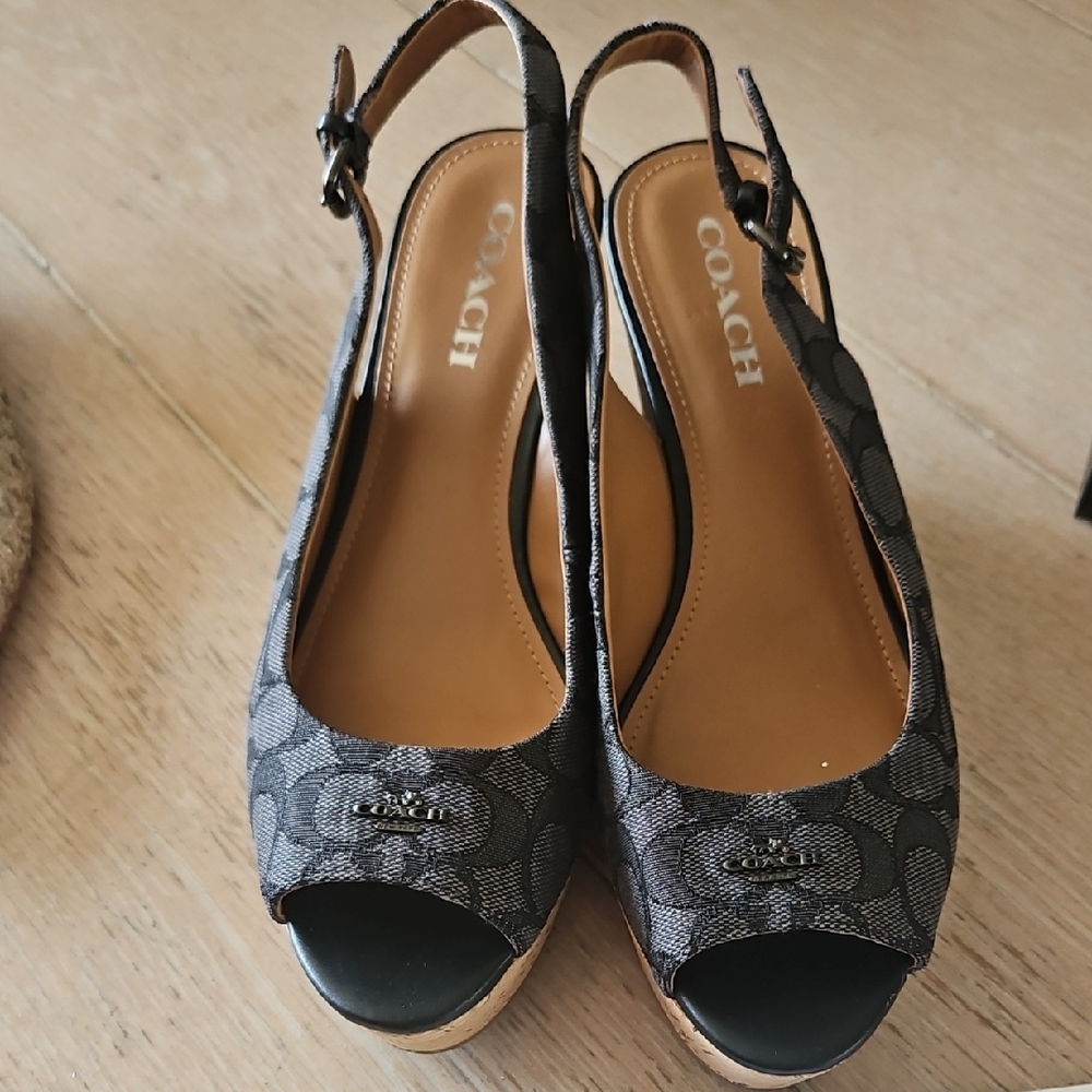 Coach Black and Brown Signature Slingback Platform Wedges Sz 10